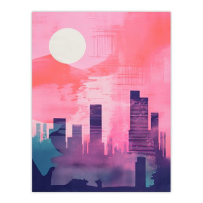 Wee Blue Coo Unframed Wall Art Sunrise City Silhouette Pink Purple Blue Watercolour Painting12X16 Inch from B&Q