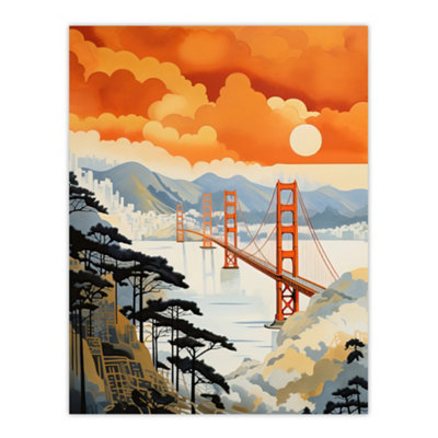 Wee Blue Coo Unframed Wall Art Sunset San Francisco Oakland Bay Bridge Amber Orange Blue Pastel Colour Painting12X16 Inch from B&Q