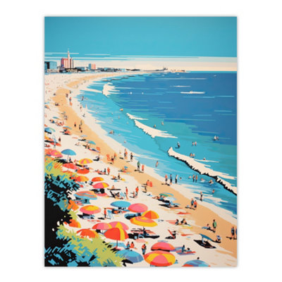 Wee Blue Coo Unframed Wall Art Surf Sand Sea And Sunshine Busy Beach Coastal Landscape Orange Pink Blue Graphic Painting12X16 Inch from B&Q