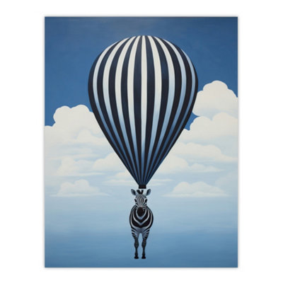 B&Q -  Unframed Wall Art Surreal And Stripes Zebra Balloon Adventures Over The Clouds Blue Black White Painting12X16 Inch