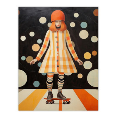 B&Q -  Unframed Wall Art Surreal Skater Girl In Retro Skate Park Orange Black White Painting12X16 Inch
