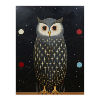 B&Q -  Unframed Wall Art The Night Watch Man Surreal Cosmic Owl Portrait And Starry Sky Grey Blue Orange Painting12X16 Inch