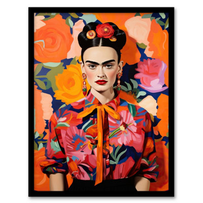 Wee Blue Coo Framed Wall Art Fierce Mexican Artist Woman Vibrant Oil Painting Orange Pink Blue Bold Floral Portrait12X16 Inch from B&Q
