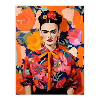 Wee Blue Coo Unframed Wall Art Fierce Mexican Artist Woman Vibrant Painting Orange Pink Blue Bold Floral Portrait12X16 Inch from B&Q