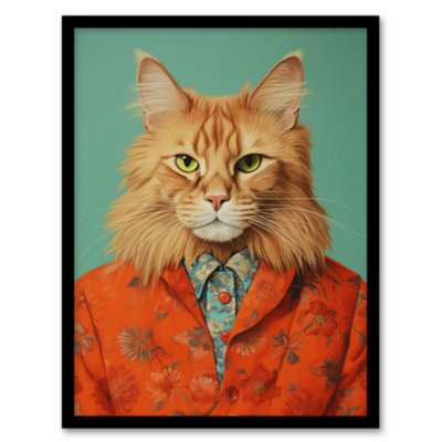 B&Q -  Framed Wall Art Maine Ginger Pet Cat Portrait Fun Living Room12X16 Inch