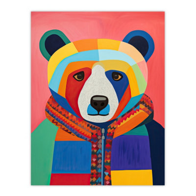 Wee Blue Coo Unframed Wall Art Bright Bold Bear Fun Multicoloured Living Room12X16 Inch from B&Q