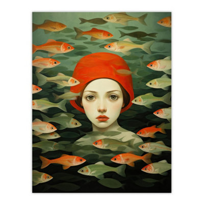 Wee Blue Coo Unframed Wall Art Gone Fishing Goldfish Red Green Bathroom Living Room12X16 Inch from B&Q