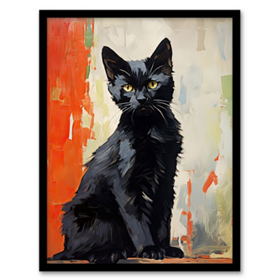 Artery8 Black Cat Orange Beige Green Chat Noir Stray Kitten Framed Wall Art PrintA4 Size from B&Q