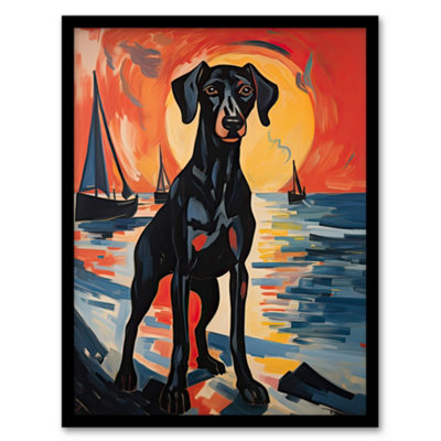 Artery8 Black Doberman Dog Artwork Coastal Sunset Seascape Wall Art PrintA4 Size from B&Q