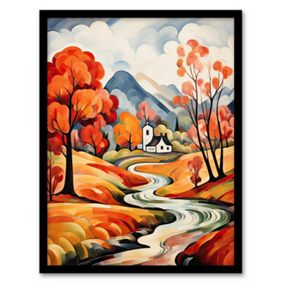 Artery8 Autumn Countryside Landscape Painting River Village Framed Wall Art PrintA4 Size from B&Q