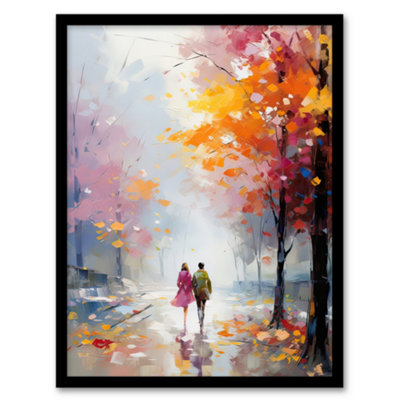 Artery8 Lovers Autumn Walk Painting Orange Pink Couple In Park Wall Art PrintA4 Size from B&Q