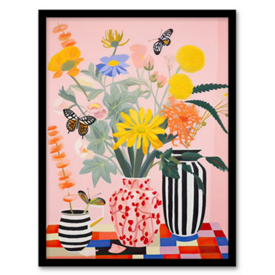Artery8 Butterflies And Spring Wildflowers In Vases Bright Bouquets Wall Art PrintA4 Size from B&Q