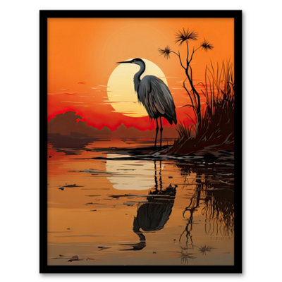 Artery8 Heron In Coastal Landscape Lake Sunset Red Orange Artwork Wall Art PrintA4 Size from B&Q