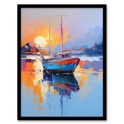 Artery8 Fishing Boat In Tranquil Lake At Sunrise Painting Seascape Wall Art PrintA4 Size from B&Q