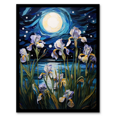 Artery8 Ethereal Iris Flower Blooms Fantasy Lake Full Moon Framed Wall Art PrintA4 Size from B&Q