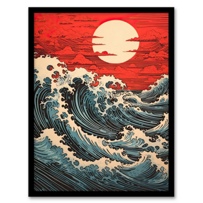 B&Q -  Red Sunset Clouds And Storm Great Wave Off Kanagawa Framed Wall Art PrintA4 Size