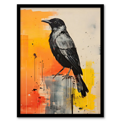 Artery8 The Enigmatic Crow Bird Portrait Grey And Orange Wall Art PrintA4 Size from B&Q