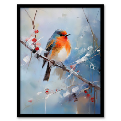 Artery8 Winter Robin Bird On Tree Branch Oil Painting Picture Wall Art PrintA4 Size from B&Q
