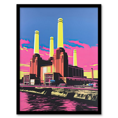 Artery8 Pink/Yellow/Blue Framed Wall Art Battersea Power Station Pop Art Vibrant - 12X16 Inch B&Q