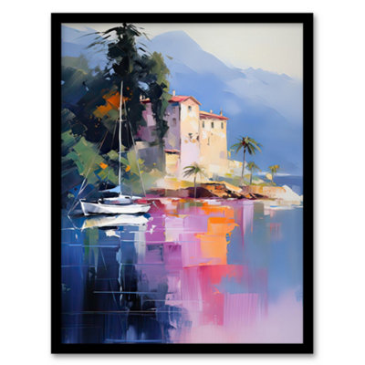 B&Q -  Framed Wall Art Sail Boat On Lake Como Painting Scenic Italian Landscape12X16 Inch