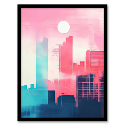 Artery8 Framed Wall Art Abstract Geometric Metropolis Cityscape Pink Turquoise12X16 Inch from B&Q