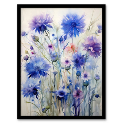 Artery8 Framed Wall Art Cornflower Wildflower Meadow Watercolour Painting12X16 Inch from B&Q