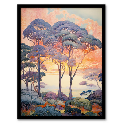 Artery8 Framed Wall Art Coastal Sunrise Behind Trees Orange Blue Purple12X16 Inch from B&Q