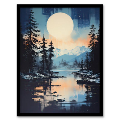 Artery8 Framed Wall Art Magical Forest Lake Sunrise In Blue And Orange12X16 Inch from B&Q