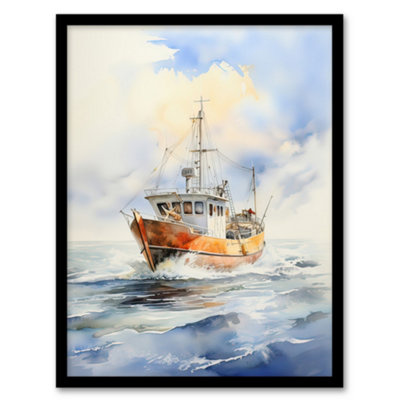 B&Q -  Framed Wall Art Fishing Boat At Sea Detailed Watercolour Seascape12X16 Inch