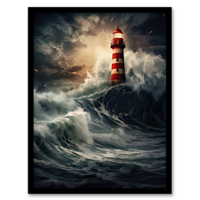 B&Q -  Framed Wall Art Lighthouse Against A Stormy Sea Dramatic Seascape12X16 Inch