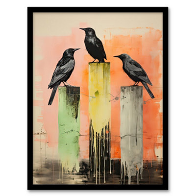 Artery8 Framed Wall Art Three Crows Sitting On A Pier Pink Green Yellow12X16 Inch from B&Q