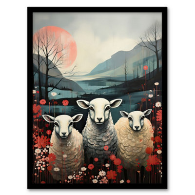 Artery8 Framed Wall Art Three Sheep Pink Blue Floral Scottish Landscape12X16 Inch from B&Q