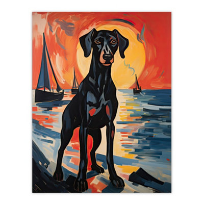 Artery8 Unframed Wall Art Black Doberman Dog Artwork Coastal Sunset Seascape Picture12X16 Inch from B&Q