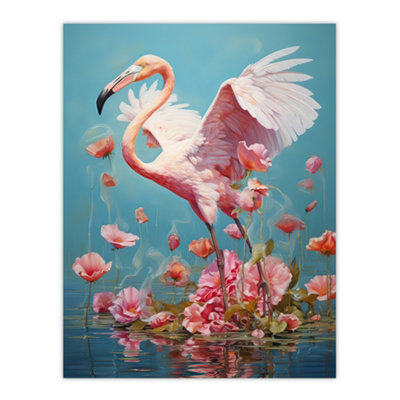 Artery8 Unframed Wall Art Jubilant Flamingo Lake Dance Over Pink Flowers Picture12X16 Inch from B&Q