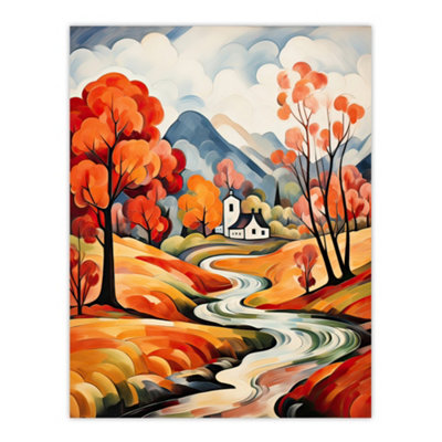 Artery8 Unframed Wall Art Autumn Countryside Landscape Painting River Village12X16 Inch from B&Q
