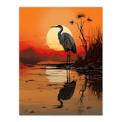 Artery8 Unframed Wall Art Heron In Coastal Landscape Lake Sunset Red Orange12X16 Inch from B&Q