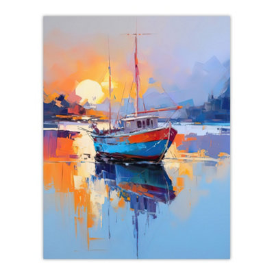 Artery8 Unframed Wall Art Fishing Boat In Tranquil Lake At Sunrise Painting Seascape12X16 Inch from B&Q
