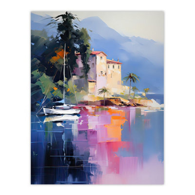 B&Q -  Unframed Wall Art Sail Boat On Lake Como Painting Scenic Italian Landscape12X16 Inch