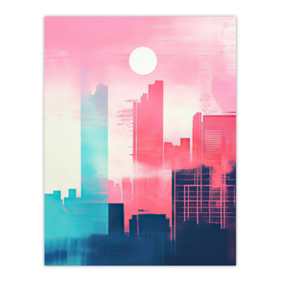 Artery8 Unframed Wall Art Abstract Geometric Metropolis Cityscape Pink Turquoise12X16 Inch from B&Q