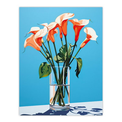 Artery8 Green/Pink/Blue Unframed Wall Art Calla Lilies In Vase Stylised Painting - 12X16 Inch