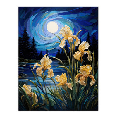 B&Q -  Unframed Wall Art Enchanting Iris Flowers Blooming Fantasy Full Moon Picture12X16 Inch