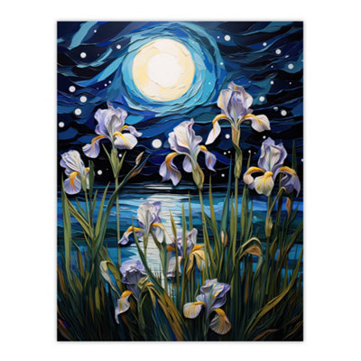 Artery8 Unframed Wall Art Ethereal Iris Flower Blooms Fantasy Lake Full Moon Picture12X16 Inch from B&Q