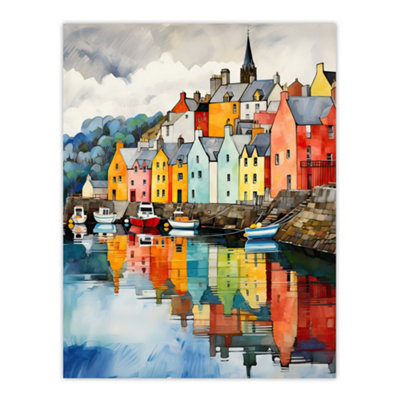 B&Q -  Unframed Wall Art Isle Of Mull Calm Tobermory Bay Colourful Houses Picture12X16 Inch