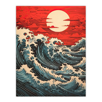 B&Q -  Unframed Wall Art Red Sunset Clouds And Storm Great Wave Off Kanagawa12X16 Inch
