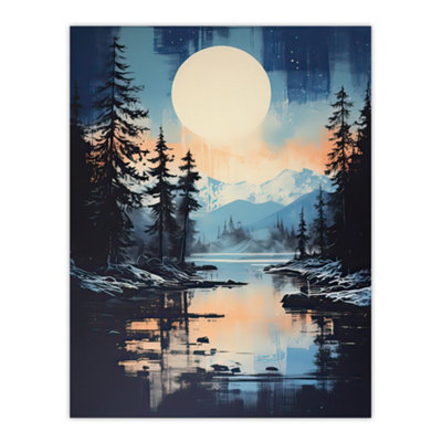 Artery8 Unframed Wall Art Magical Forest Lake Sunrise In Blue And Orange Picture12X16 Inch from B&Q