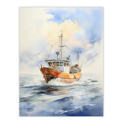 Artery8 Unframed Wall Art Fishing Boat At Sea Detailed Watercolour Seascape Picture12X16 Inch from B&Q