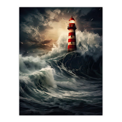 Artery8 Unframed Wall Art Lighthouse Against A Stormy Sea Dramatic Seascape Picture12X16 Inch from B&Q