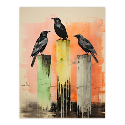 Artery8 Unframed Wall Art Three Crows Sitting On A Pier Pink Green Yellow Picture12X16 Inch from B&Q