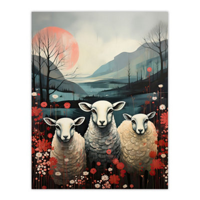 Artery8 Unframed Wall Art Three Sheep Pink Blue Floral Scottish Landscape Picture12X16 Inch from B&Q