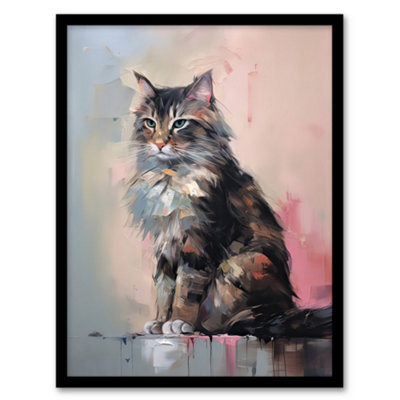 Artery8 Norwegian Forest Cat Perched On Wall Oil Painting Grey Pink Brown Elegant Pet Portrait Wall Art PrintA4 Size from B&Q